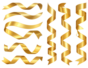 A set of flowing gold ribbon flourishes with smooth metallic reflections, soft curved shapes, gentle glow accents, and realistic sheen, transparent PNG background 