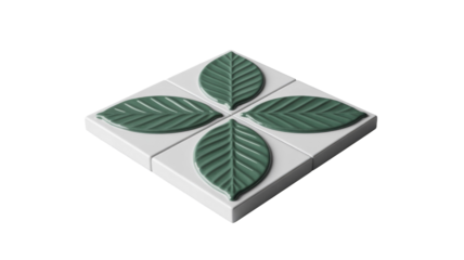 Four white square tiles with raised dark green leaf designs, forming a central botanical pattern. Clean, modern, and symmetrical decor. background removed