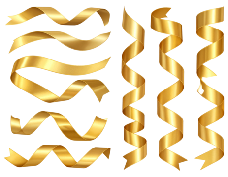 A set of flowing gold ribbon flourishes with smooth metallic reflections, soft curved shapes, gentle glow accents, and realistic sheen, transparent PNG background 