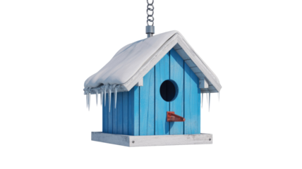 A charming blue wooden birdhouse with a snow-covered roof and delicate icicles, suspended by a metal chain, signifies winter's embrace. background removed