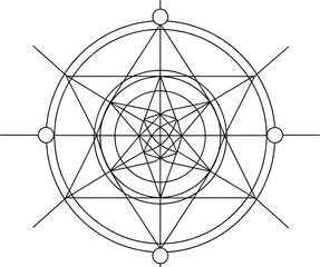 Sacred geometry mandala, radial symmetry, triangle circle pattern, abstract spiritual design, layered star structure, vector illustration, harmonious composition