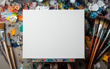 Vibrant artist's palette surrounding empty white canvas. Colorful oil paints and paintbrushes set against dark background, representing creative potential and artistic expression