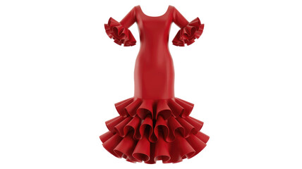 A vibrant red flamenco dress, featuring ruffled bell sleeves and an elaborate tiered ruffle skirt. Elegant and stylish, perfect for dance or special occasions. background removed