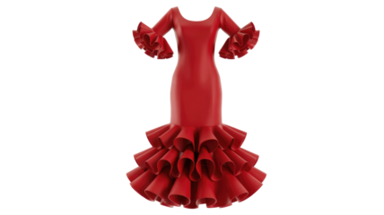 A vibrant red flamenco dress, featuring ruffled bell sleeves and an elaborate tiered ruffle skirt. Elegant and stylish, perfect for dance or special occasions. background removed