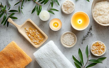 Elegant arrangement of spa essentials including bath salts, candles, and green leaves. Serene composition with white and yellow elements for relaxation and self care concept