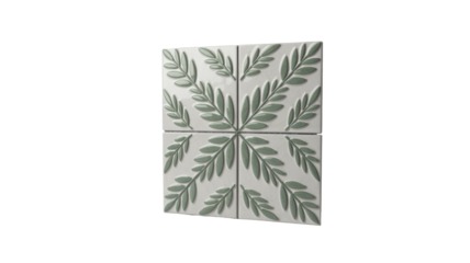 Elegant white ceramic tiles featuring raised green leaf patterns. These decorative botanical tiles form a beautiful symmetrical motif for interior design. background removed
