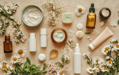 Flatlay of various skincare creams, lotions, and oils surrounded by white flowers and green leaves, emphasizing natural and organic beauty products