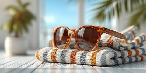 sunglasses resting on a soft towel atop a rustic wooden table, bright white and soft gray tones, warm natural light casting gentle shadows,