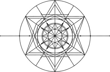 Sacred geometry illustration, radial symmetry, triangle circle motif, abstract mandala design, layered starburst pattern, vector artwork, spiritual composition