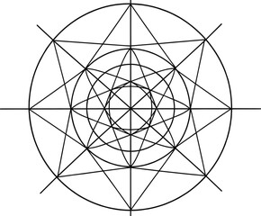 Geometric mandala illustration, radial symmetry, starburst triangle pattern, concentric circle design, abstract spirograph artwork, vector composition, mathematical motif