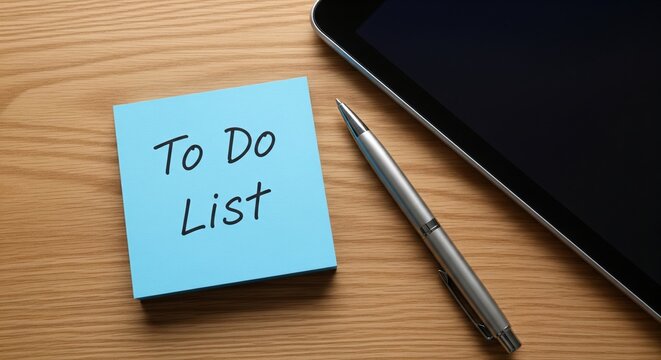 To Do List text on blue sticky note with pen and digital tablet on wooden office desk.
