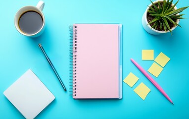 Neat arrangement of office and study essentials including pink notebook, coffee cup, and small plant. Productive workspace concept with copy space