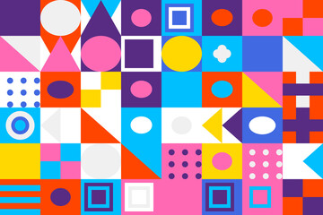 Vibrant abstract geometric mosaic pattern with diverse shapes like circles, squares, and triangles in a cheerful, retro-inspired flat design artwork.