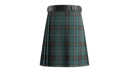 A traditionally pleated Scottish kilt featuring a dark green tartan pattern with black, orange, and white lines, secured by a black leather belt. background removed