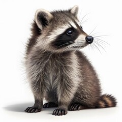 Fototapeta premium Cute baby raccoon sitting and looking to the side isolated on white background