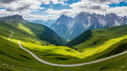 Drive through scenic mountain landscape with winding road and lush green hills on a sunny day for an unforgettable adventure and escape to nature