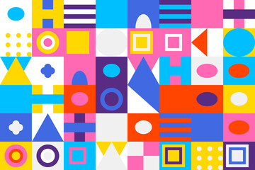 Vibrant abstract geometric pattern background. colorful shapes like squares, circles, triangles, and lines create a modern, dynamic, and playful visual.