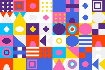 Vibrant modern abstract geometric pattern background with colorful squares, circles, triangles, ovals, and varied shapes creating a playful mosaic texture.