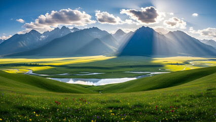 Incredible mountain range with sun rays shining over wildflower meadow, a serene landscape perfect for travel brochures or inspirational nature campaigns