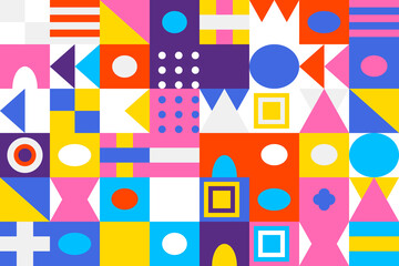 Colorful abstract geometric pattern background with diverse shapes and vibrant colors creating a modern, playful, and energetic visual design texture.