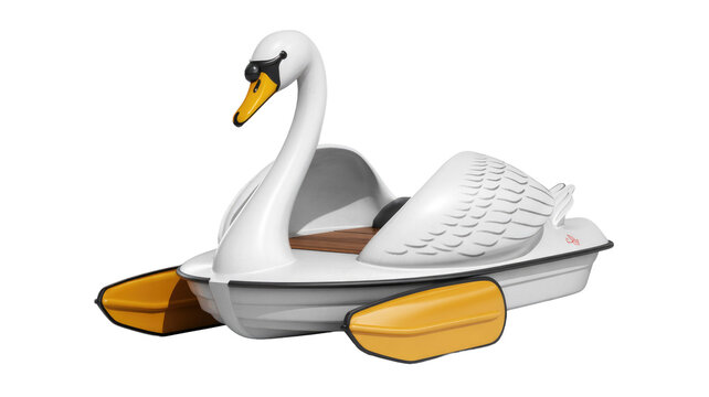 A pristine white swan pedal boat with yellow pontoons and detailed wings, ready for leisure on the water. background removed