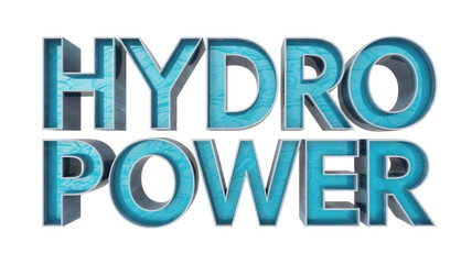 A vibrant 3D rendering of the word 'HYDROPOWER' with a flowing water texture inside blue letters, symbolizing clean, renewable energy generation. background removed