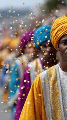 Fototapeta premium cultural celebrations, capturing the lively three kings day parade with vibrant costumes, cheering crowds, musicians, and energetic motion blur