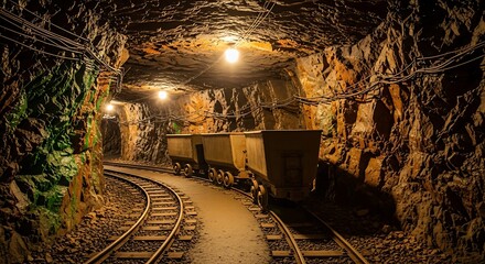 Underground Mine Tunnel with Rail Tracks and Mining Carts.