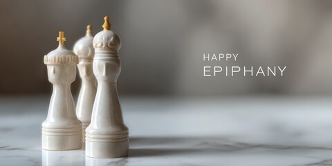 premium holiday card, premium glossy d postcard showcases polished three kings figurines, elegant sans-serif happy epiphany lettering, and modern visuals