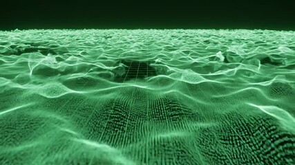 Conceptual drone shot looking down onto undulating waves of glowing green energy spreading across an empty digital landscape background, information, empty - Powered by Adobe