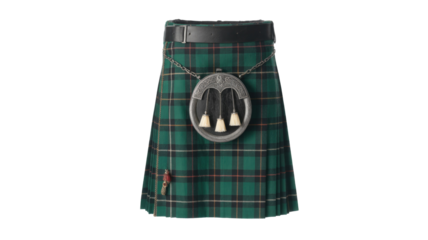 Elegant green tartan Scottish kilt featuring a formal sporran with ornate silver cantle and white tassels, paired with a black leather belt. background removed