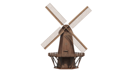 A classic wooden windmill with four prominent, patterned sails and an elevated platform, standing tall against a solid transparent background. background removed