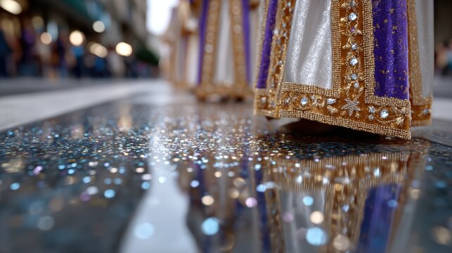 cultural celebration, nighttime documentary of three kings parade captures vibrant costumes, illuminated floats, and joyous crowd, creating a cinematic atmosphere