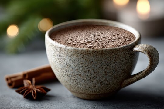 mexican hot chocolate art, rustic table set with traditional mexican hot chocolate in clay mug, adorned with holiday elements all captured in warm, inviting tones