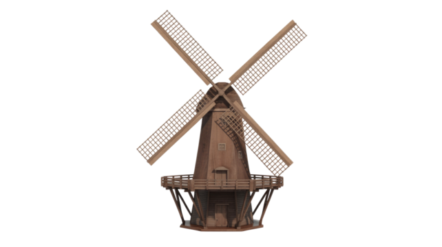 A classic wooden windmill with four prominent, patterned sails and an elevated platform, standing tall against a solid transparent background. background removed - Powered by Adobe