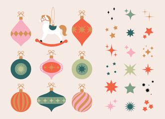 Christmas ornaments. Trendy minimalist geometric style. Merry Christmas. Cartoon, flat vector illustration. Xmas background. Patterns: stripes, stars, sparkles. Christmas tree decor. Winter, december