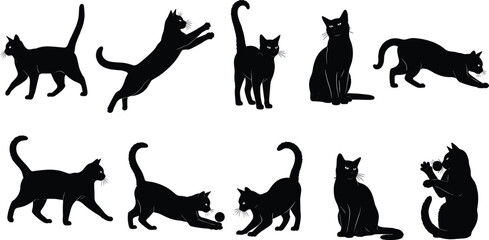 Black cat silhouette set, feline poses, walking, jumping, sitting, stretching, playing, vector illustration, animal motion, pet design