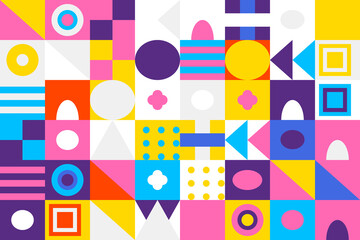 Colorful abstract geometric pattern background with vibrant shapes, modern design, playful mosaic grid, and bright primary colors for creative projects today.