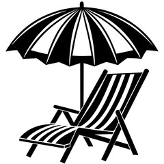 Black and white illustration of a beach chair and umbrella