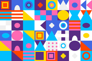 Colorful geometric abstract pattern with various shapes including squares, circles, triangles, ovals, and stripes creating a vibrant, modern background.