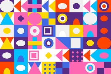 Vibrant abstract geometric pattern with diverse shapes including circles, squares, and triangles in a cheerful, modern grid design background.