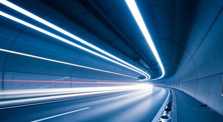 Long exposure shot of car light trails in a modern tunnel.