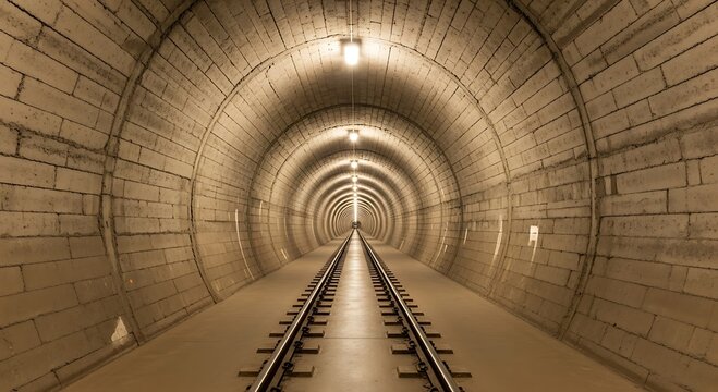 Long, illuminated railway tunnel with tracks stretching into the distance, creating a sense of depth and journey.