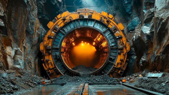 Tunnel boring machine emerging from rocky excavation site