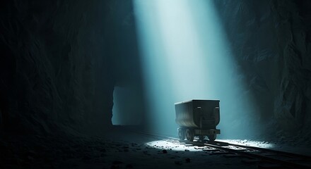 Mysterious Light Beam Illuminates an Old Mine Cart on Tracks in a Dark Underground Tunnel.