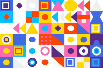 Colorful geometric pattern with vibrant shapes, squares, circles, and triangles creating a modern, abstract background design element.