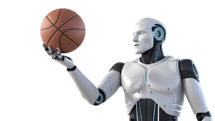 A sleek, white humanoid robot with glowing blue accents skillfully balances a basketball on its fingertips, showcasing a fusion of AI and sports. background removed