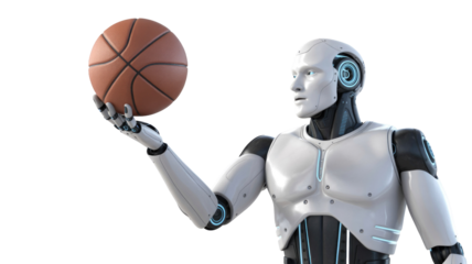 A sleek, white humanoid robot with glowing blue accents skillfully balances a basketball on its fingertips, showcasing a fusion of AI and sports. background removed