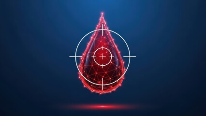 Red Blood Drop with Target Reticle and Wireframe Structure Dark Blue liquid