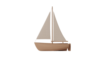 A simple, light brown wooden sailboat featuring two cream-colored sails, perfect for decoration or a child's collection. background removed
